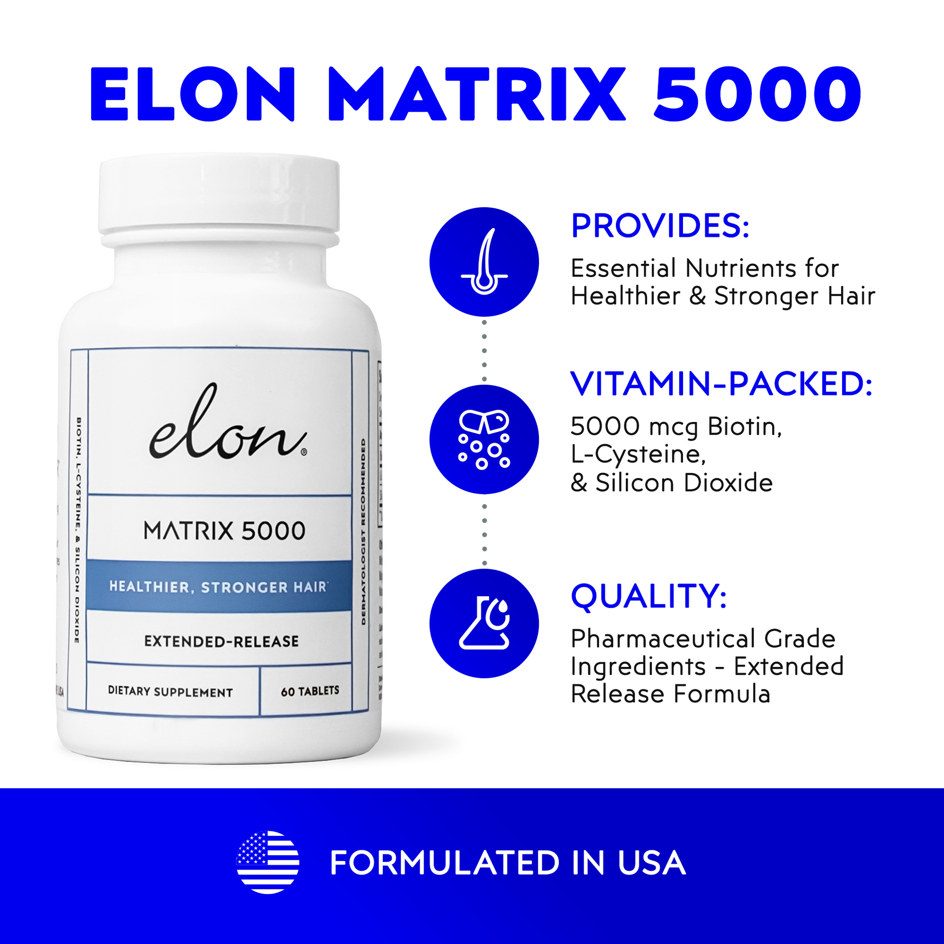 Bottle of Elon Matrix 5000 dietary supplement with product details on a white background