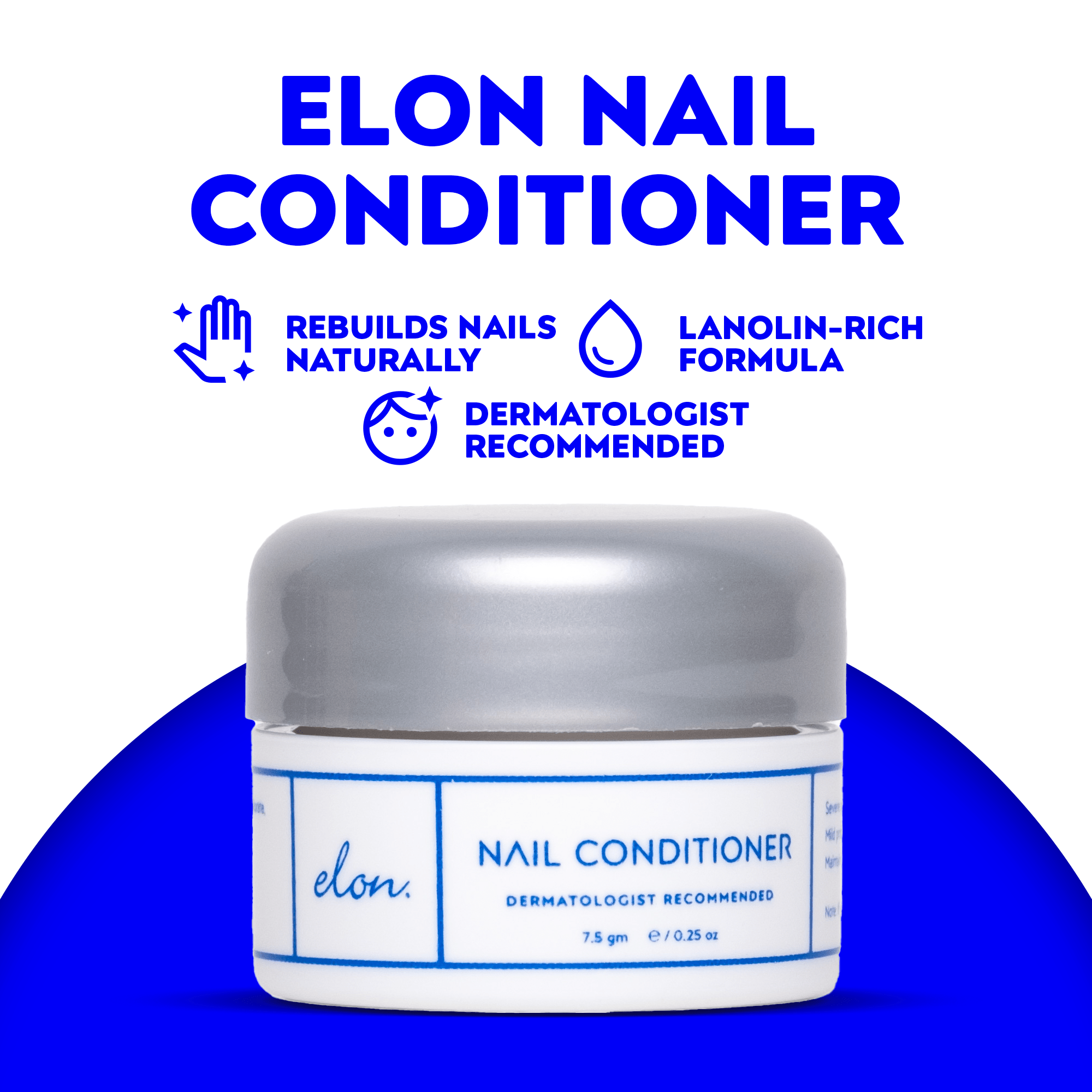 Elon Nail Conditioner jar with blue and white design on a white background
