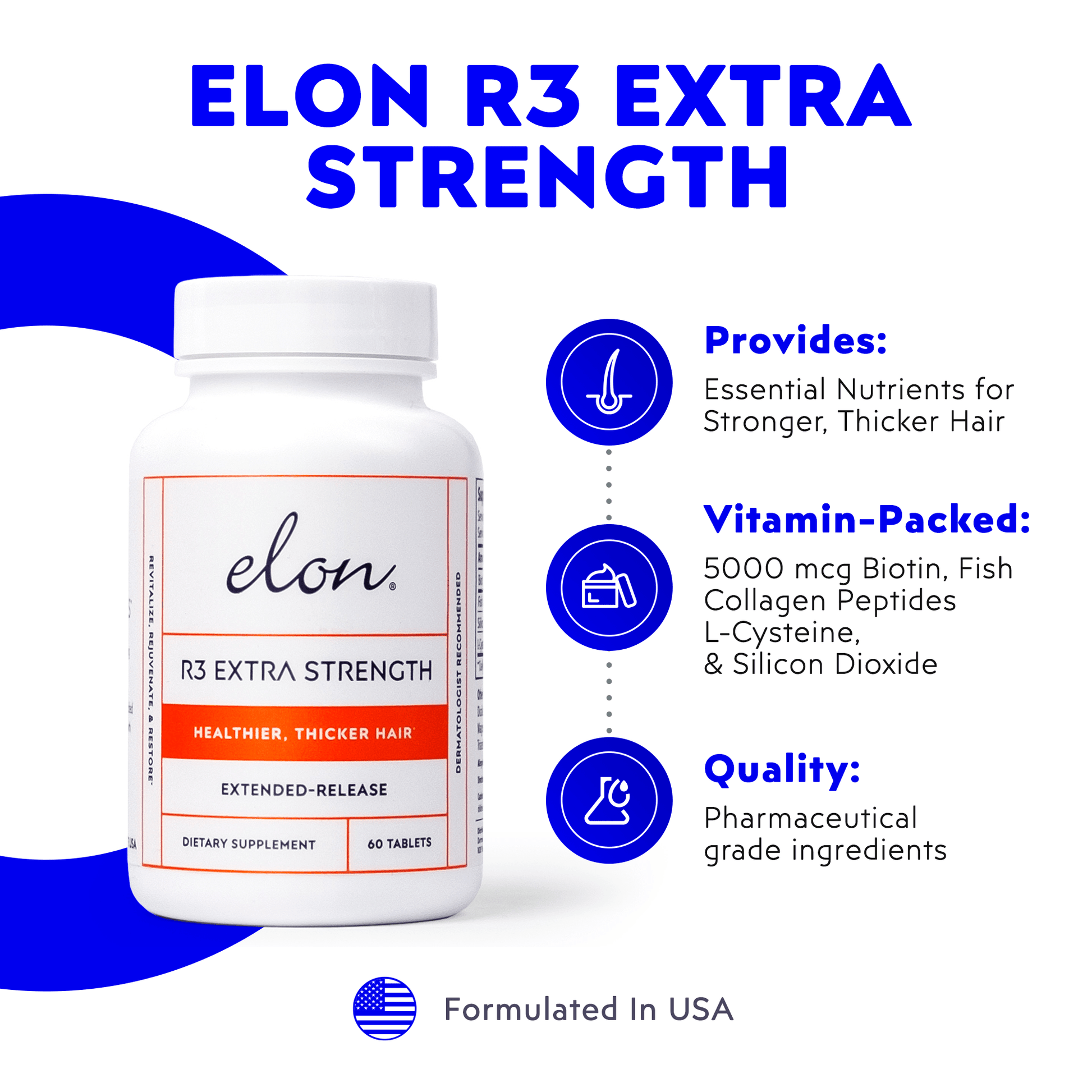 Supplement bottle labeled 'Elon R3 Extra Strength' with product features on a white background