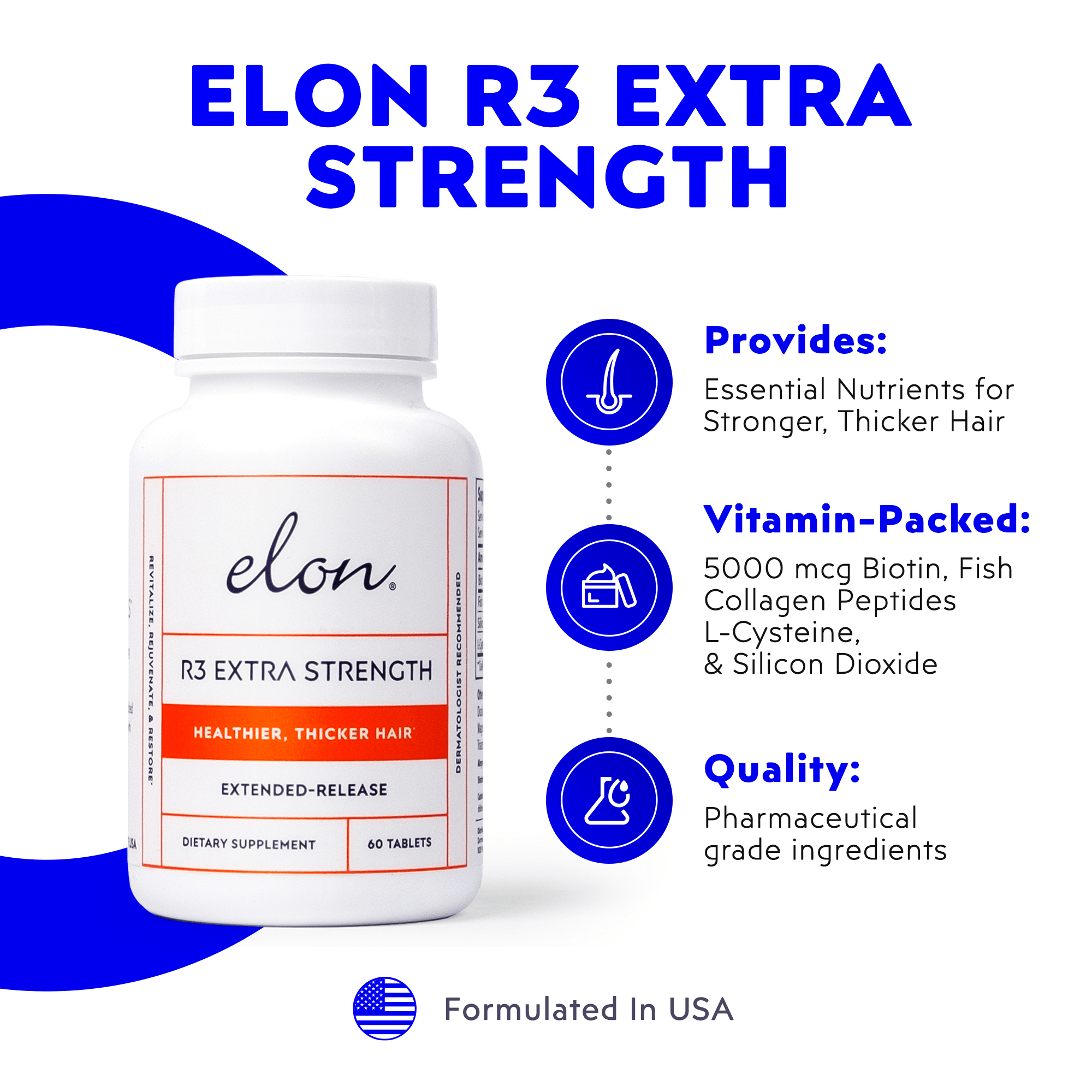 Supplement bottle labeled 'Elon R3 Extra Strength' with product features on a white background