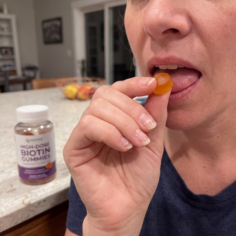 A woman with brittle nails taking a biotin gummy